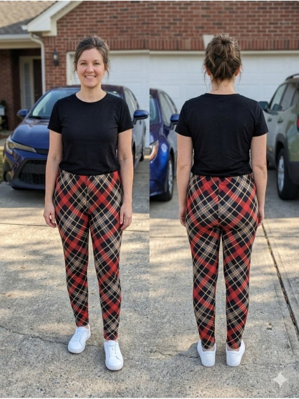 LBISSE Plaid Leggings Women XL Red Black Tan Check High Waist Stretch Pull On